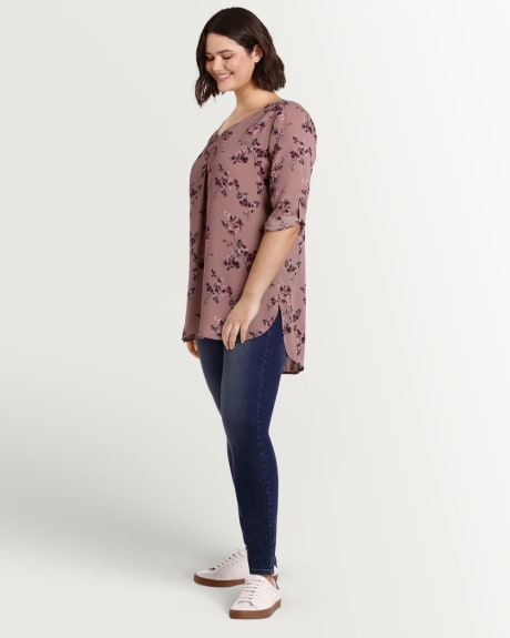 Printed ¾ Sleeve Tunic with Pleat Accents