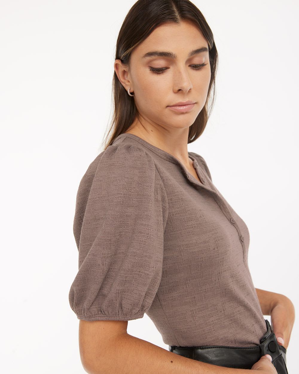 Henley Top with Short Balloon Sleeves