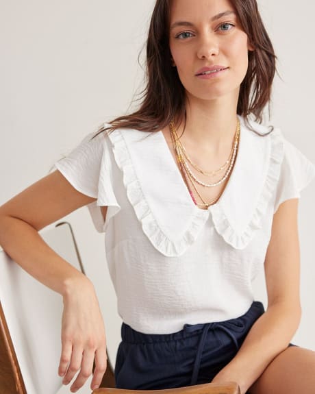 Short-Sleeve V-Neck Blouse with Frill Collar