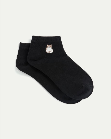 Cotton Anklet Socks with Cat at Hem