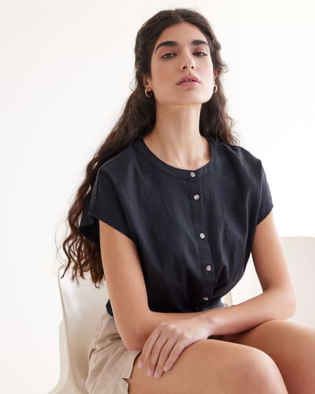 Short-Sleeve Linen Blouse with Twisted Detail