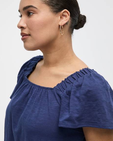 Square-Neck Blouse with Short Flutter Sleeves