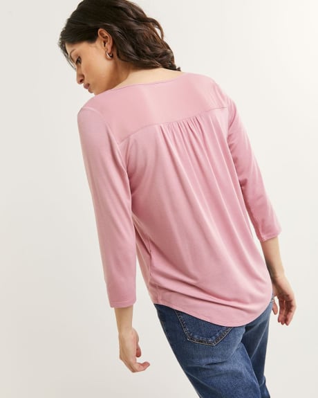 3/4 Sleeve V-Neck Top with Drawstrings