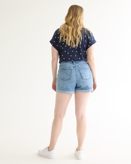 Mid-Rise Denim Shorts with Rolled Raw Hem - Curvy Fit