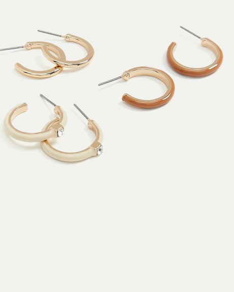 Enamel and Stone Hoop Earrings - Set of 3