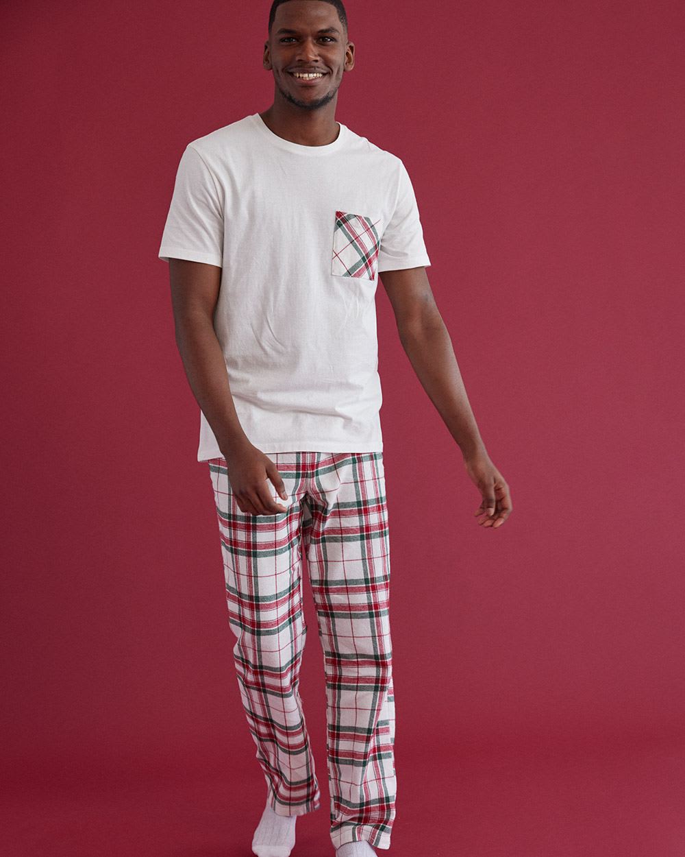 Men's Flannel Pyjama Set with Short-Sleeve Top and Straight-Leg Pant