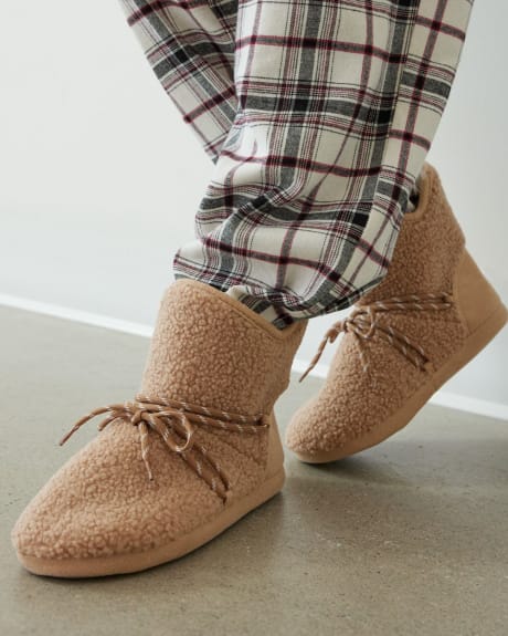 Sherpa Bootie Slippers with Lace-Up Detail