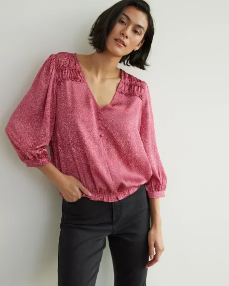 3/4-Sleeve Blouse with Buttoned V-Neckline
