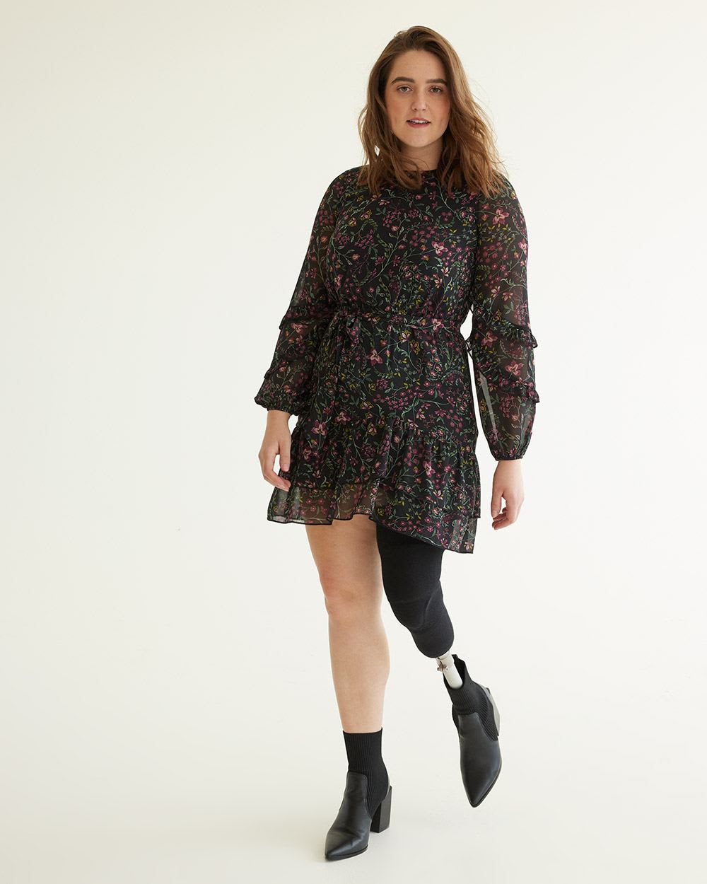 Long-Sleeve Shift Dress with Ruffled Details
