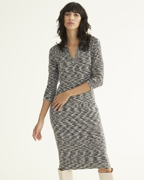 3/4-Sleeve Sweater Dress with Johnny Collar