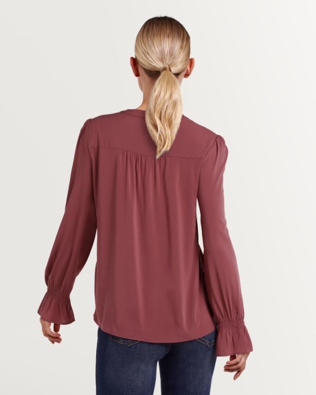 Long Sleeve V Neck Blouse with Shirred Accents