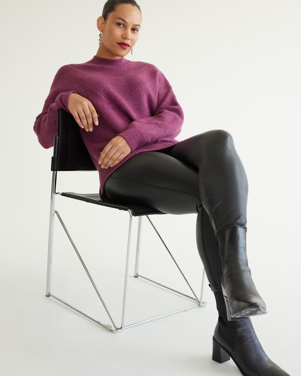 Long-Sleeve Mock-Neck Sweater with Fancy Stitches