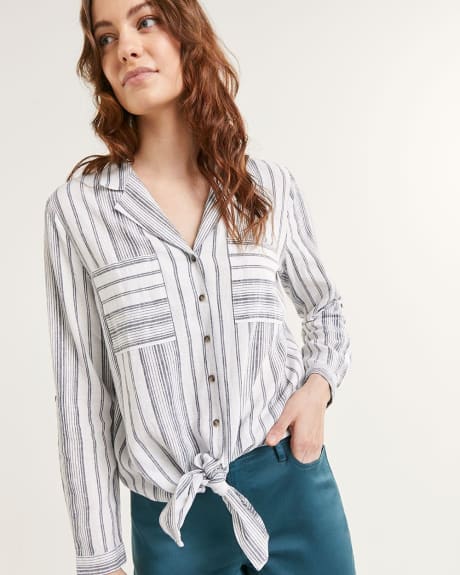 Striped Collar Blouse With Front Pockets