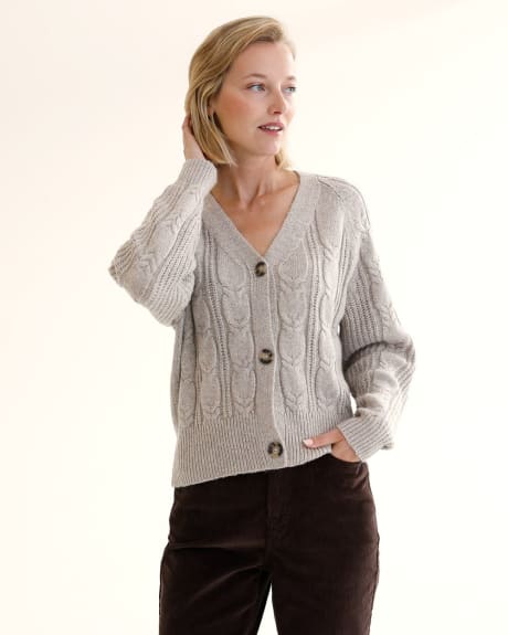 Long-Sleeve V-Neck Cardigan with Cable Stitches
