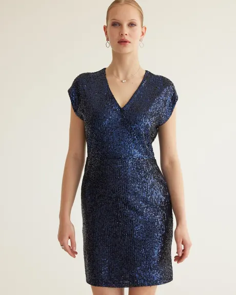 Extended-Sleeve Wrap Sequin Dress
