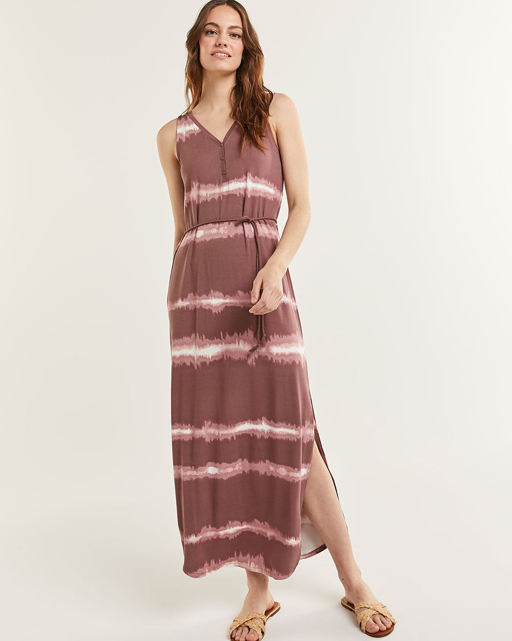 Henley Neck Printed Maxi Dress With Cord