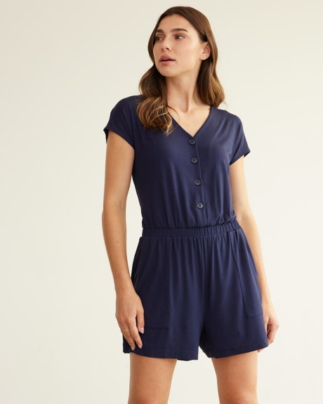 Short-Sleeve V-Neck Romper with Buttons