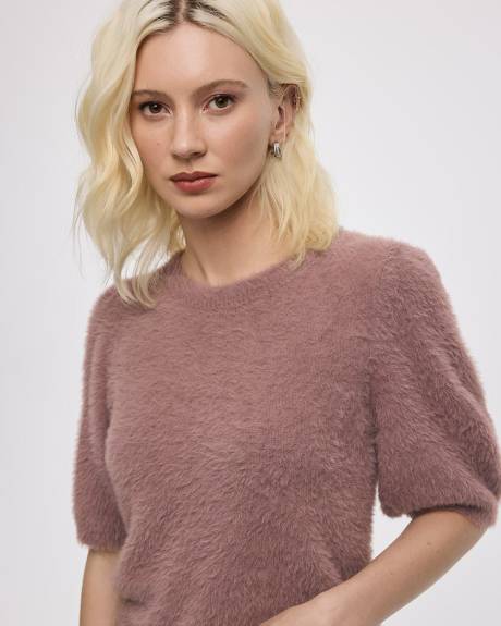 Short-Sleeve Crew-Neck Feather-Yarn Pullover
