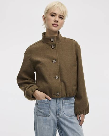 Faux-Wool Buttoned-Down Bomber Jacket