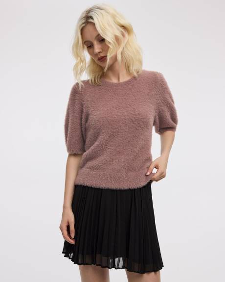 Short-Sleeve Crew-Neck Feather-Yarn Pullover