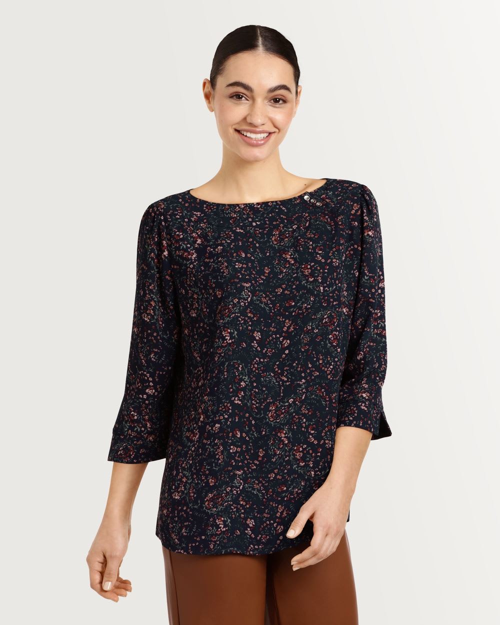 Printed ¾ Sleeve Boat Neck Blouse