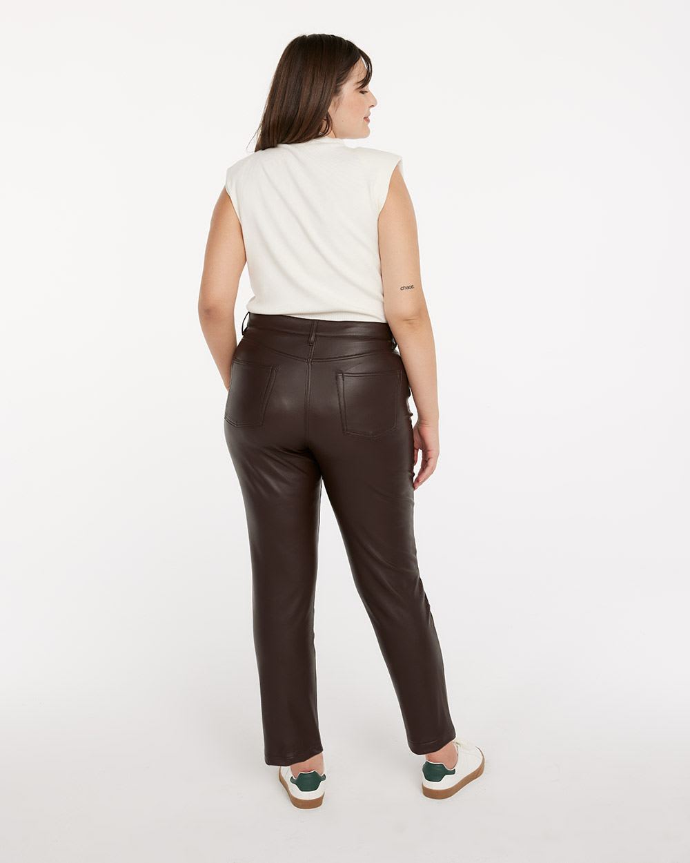 RQYYD Women Faxu Leather Pants Fashion Side Button Mid Waist