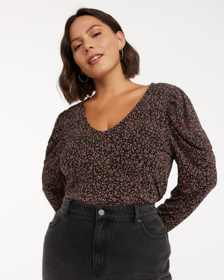 V-Neck Top with Puffy Shoulders