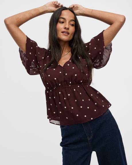 Short-Bubble-Sleeve V-Neck Blouse