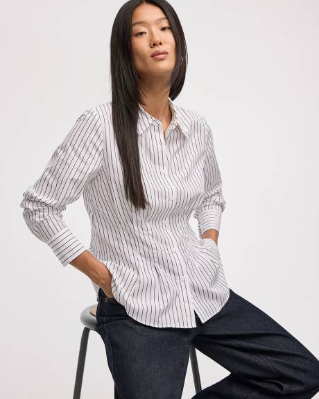 Striped Long-Sleeve Cinched Poplin Shirt