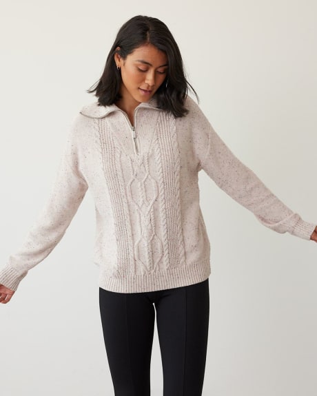 Half-Zip Cotton Pullover with Cable Stitches