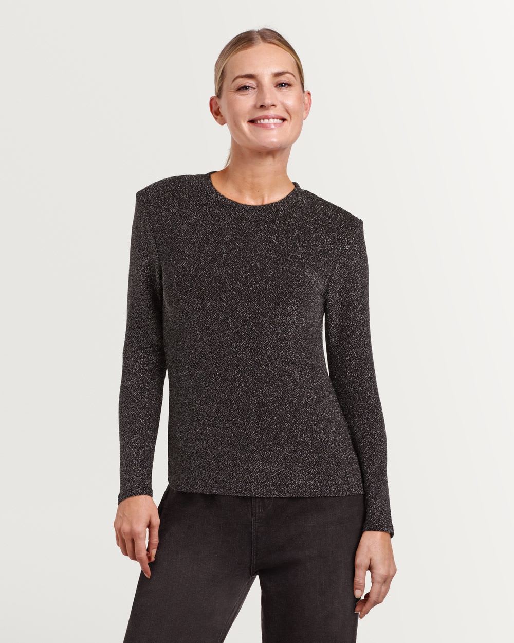 Long Sleeve Lurex Crew Neck Top with Shoulder Pads