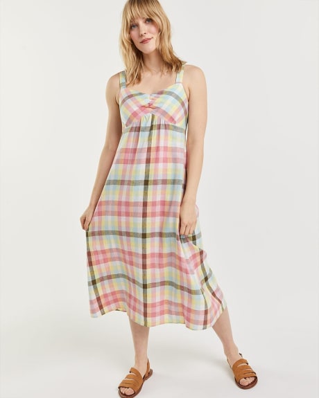 Sleeveless Fit & Flare Linen Plaid Midi Dress with Back Bow