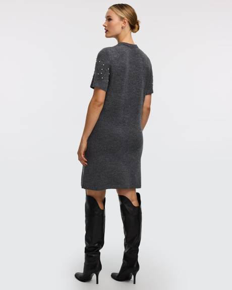 Short-Sleeve Mini Sweater Dress with Rhinestones
