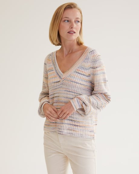 Fancy Knit V-Neck Sweater with Long Balloon Sleeves