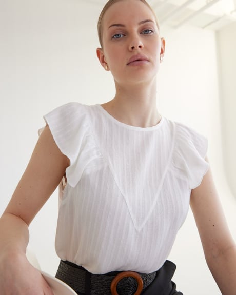 Short-Sleeve Crew-Neck Blouse with Ruffled Shoulders