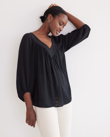 Textured V-Neck Blouse with Voluminous 3/4 Sleeves