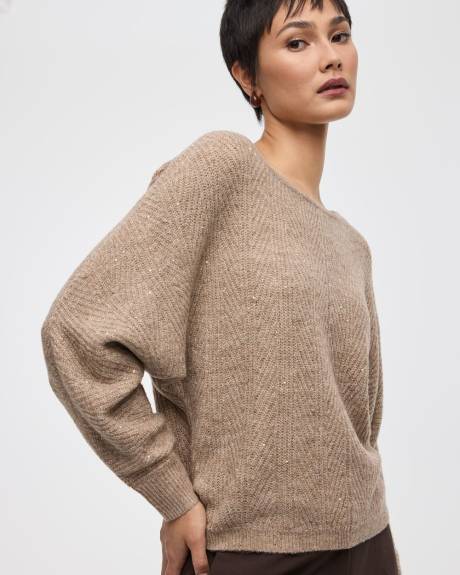 Long-Sleeve Boat-Neck Boxy Sweater with All-Over Sequins