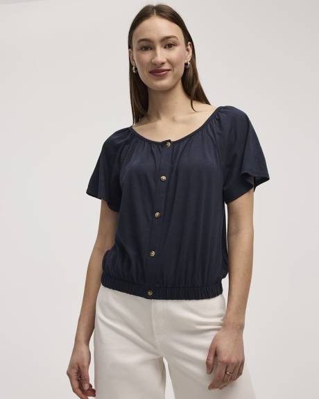 Short-Flutter-Sleeve Open-Neck Buttoned-Down Top