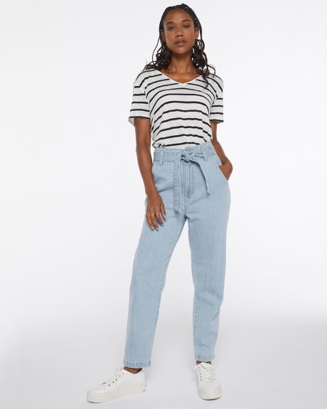 Light Wash Super High Rise Tapered Leg Jean with Sash - Petite