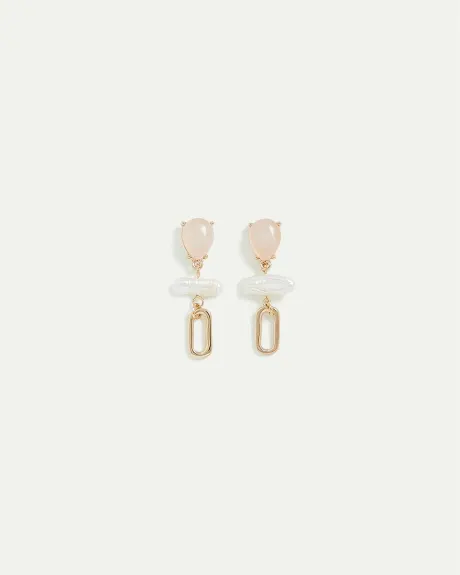 Pink-Stone Stud Earrings with Pearl Pendants