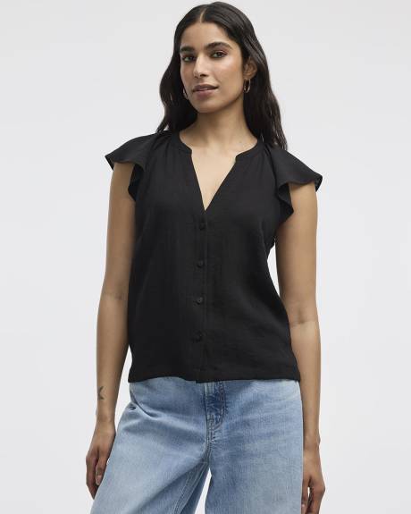 Blouse boutonnée à manches courtes à volants et col fendu