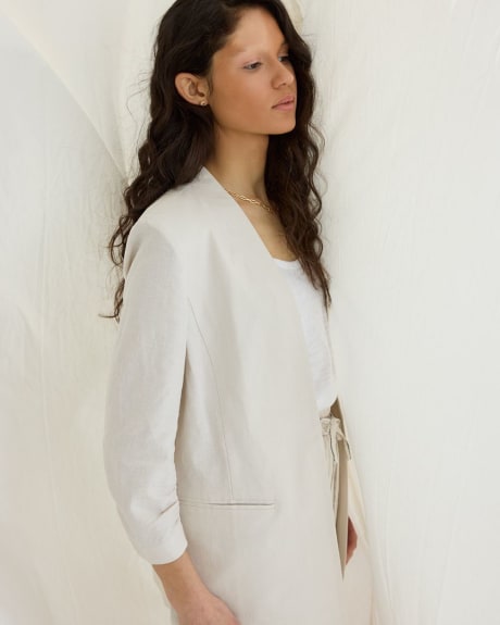 Open Linen Blazer with Ruched Sleeves