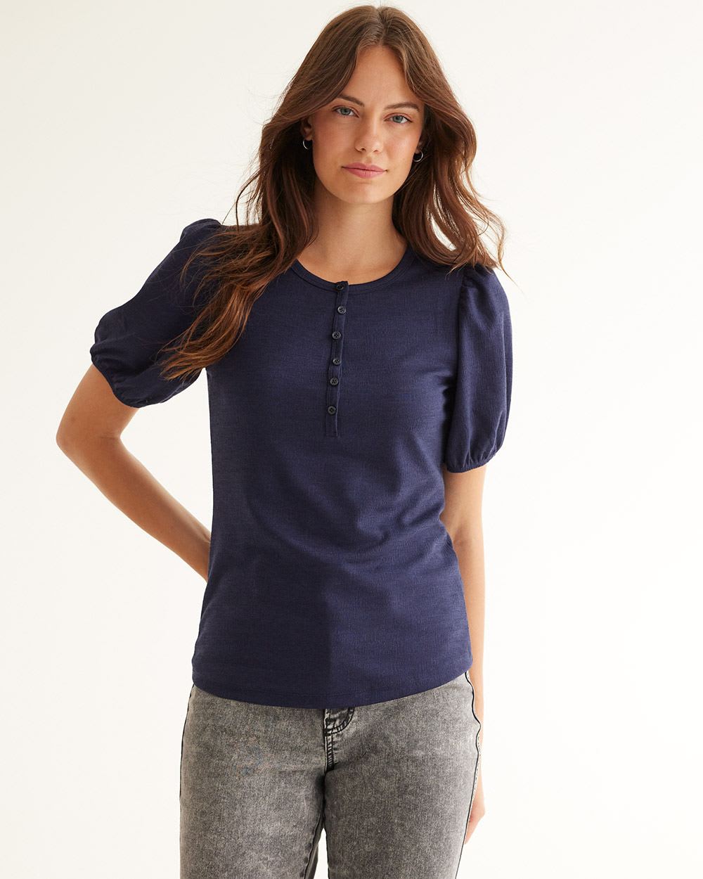 Henley Top with Short Balloon Sleeves
