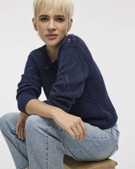 Long-Sleeve Boat-Neck Pullover with Open-Stitch Pattern