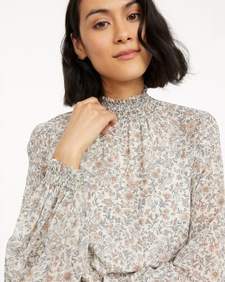 Printed Loose Blouse with Mock Neckline