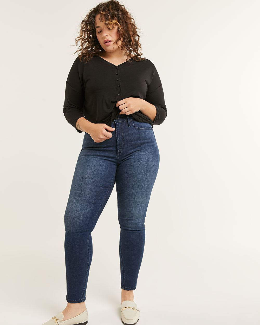 Curvy jean skinny taille très haute à délavé foncé - Long