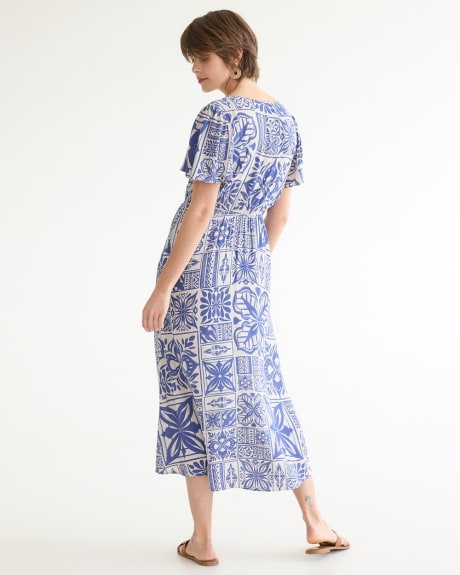 Short-Flutter-Sleeve Midi Dress with Front Cut-Out