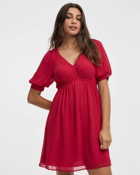 Robe coupe empire à col V et manches aux coudes