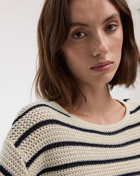 Striped Long-Sleeve Open-Stitch Pullover