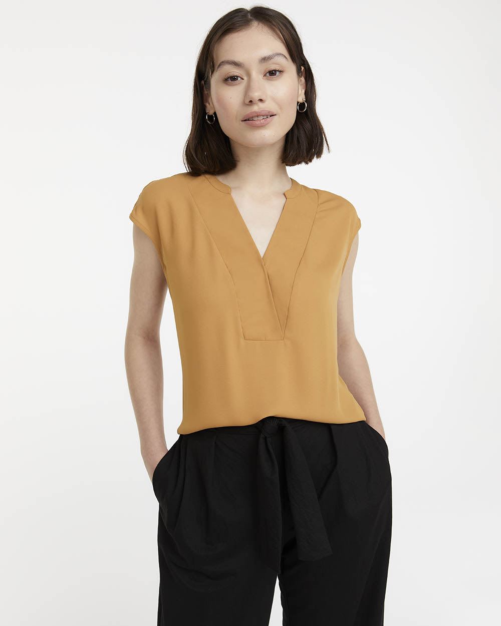 Solid Split-Neck Blouse with Extended Sleeves